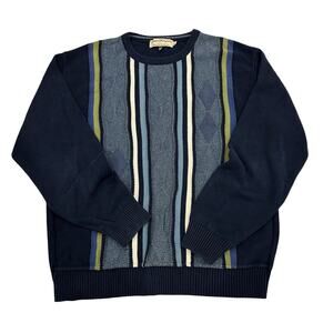 Norm Thompson Knit Sweater Mens Size L Blue Vertical Striped Crew Neck Vintage